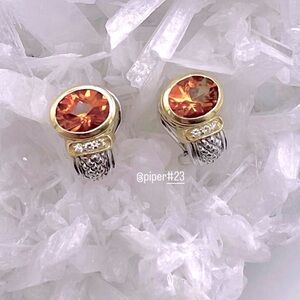 Judith Ripka JR TWO Sterling Silver 18K Gold Citrine & Diamond Huggie Earrings